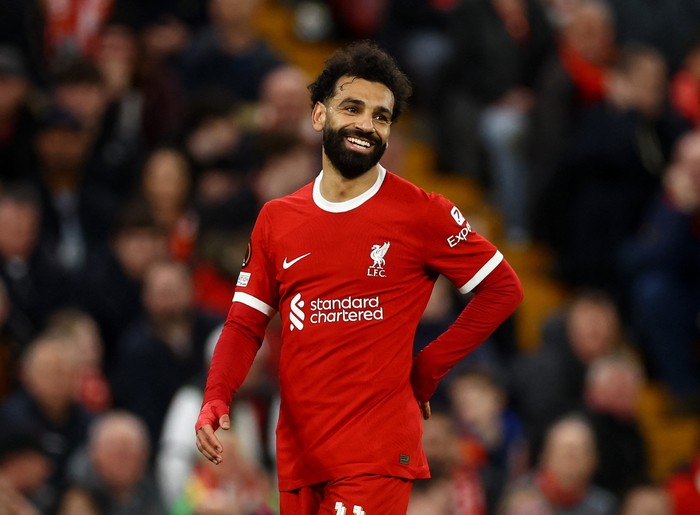 Soccer Football - Europa League - Round of 16 - Second Leg - Liverpool v Sparta Prague - Anfield, Liverpool, Britain - March 14, 2024 Liverpools Mohamed Salah reacts Action Images via Reuters/Lee Smith