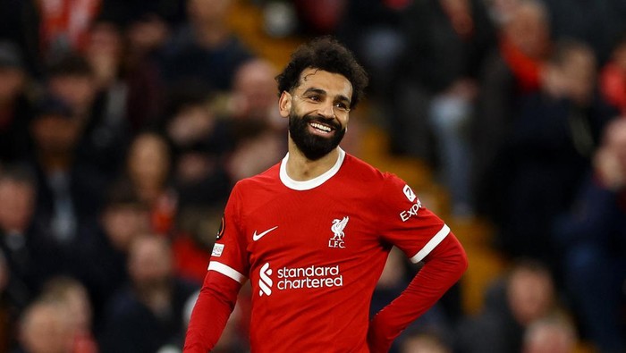 Soccer Football - Europa League - Round of 16 - Second Leg - Liverpool v Sparta Prague - Anfield, Liverpool, Britain - March 14, 2024 Liverpools Mohamed Salah reacts Action Images via Reuters/Lee Smith