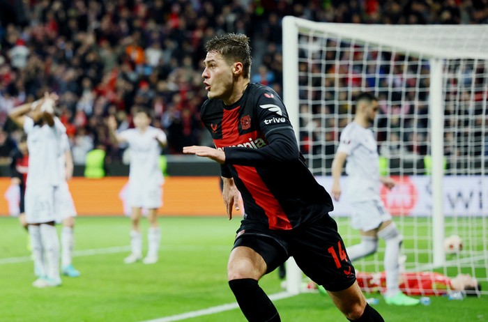 Patrik Schick Soccer Football - Europa League - Round of 16 - Second Leg - Bayer Leverkusen v Qarabag - BayArena, Leverkusen, Germany - March 14, 2024 Bayer Leverkusen's Patrik Schick celebrates scoring their third goal REUTERS/Wolfgang Rattay
