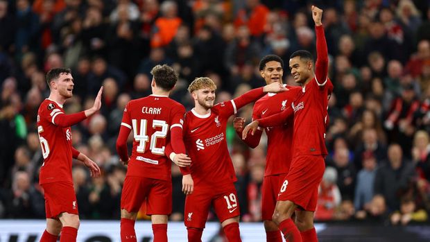 SOCCER-EUROPA-LIV-SPP/REPORT Soccer Football - Europa League - Round of 16 - Second Leg - Liverpool v Sparta Prague - Anfield, Liverpool, Britain - March 14, 2024 Liverpool's Cody Gakpo celebrates scoring their sixth goal with teammates REUTERS/Molly Darlington