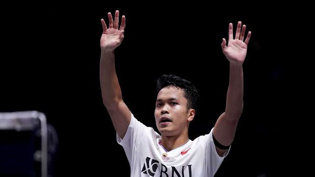 All England Open Anthony Ginting Indonesia's Anthony Ginting celebrates victory against Denmark's Viktor Axelsen during their Men's Singles quarter final on day four of the YONEX All England Open Badminton Championships at the Utilita Arena Birmingham, Friday March 15, 2024. (Bradley Collyer/PA via AP)