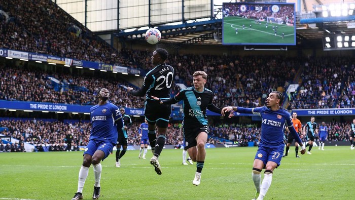 LONDON, ENGLAND - MARCH 17: Axel Disasi of Chelsea, Patson Daka and Kiernan Dewsbury-Hall of Leicester City and Malo Gusto of Chelsea during The Emirates FA Cup Quarter-Final match between Chelsea and Leicester City at Stamford Bridge on March 17, 2024 in London, England. (Photo by Jacques Feeney/Offside/Offside via Getty Images)