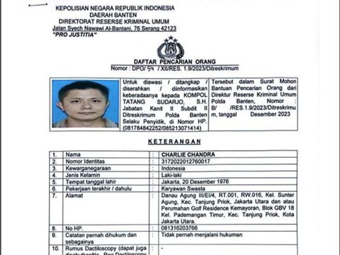 Charlie Chandra, Buronan kasus pemalsuan surat yang dicari Polda Banten.