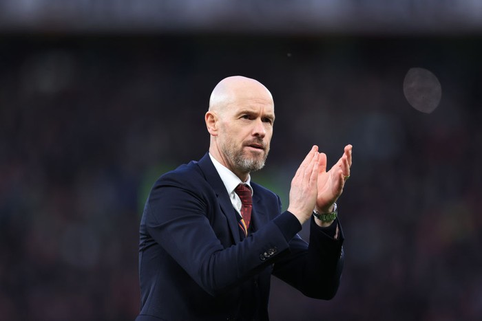 MANCHESTER, ENGLAND - MARCH 17: Manchester United manager Erik ten Hag applauds the support after the Emirates FA Cup Quarter Final match between Manchester United and Liverpool at Old Trafford on March 17, 2024 in Manchester, England. (Photo by Simon Stacpoole/Offside/Offside via Getty Images)