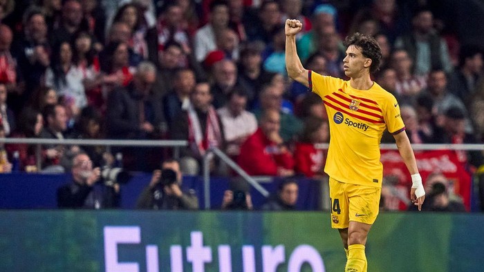 MADRID, SPAIN - MARCH 17: Joao Felix of FC Barcelona celebrates after scoring his teams first goal during the LaLiga EA Sports match between Atletico Madrid and FC Barcelona at Civitas Metropolitano Stadium on March 17, 2024 in Madrid, Spain. (Photo by Diego Souto/Getty Images)