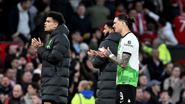 MANCHESTER, ENGLAND - MARCH 17: (THE SUN OUT, THE SUN ON SUNDAY OUT) Luis Diaz and Darwin Nunez of Liverpool after the Emirates FA Cup Quarter Final at Old Trafford on March 17, 2024 in Manchester, England. (Photo by Nick Taylor/Liverpool FC/Liverpool FC via Getty Images)