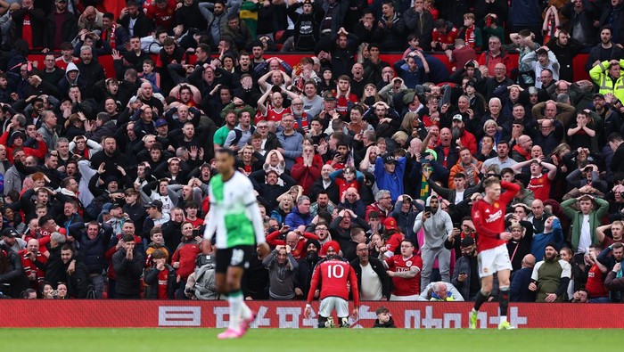 MANCHESTER, ENGLAND - MARCH 17: Marcus Rashford of Manchester United after scoring before extra time during the Emirates FA Cup Quarter Final match between Manchester United and Liverpool at Old Trafford on March 17, 2024 in Manchester, England. (Photo by Robbie Jay Barratt - AMA/Getty Images)