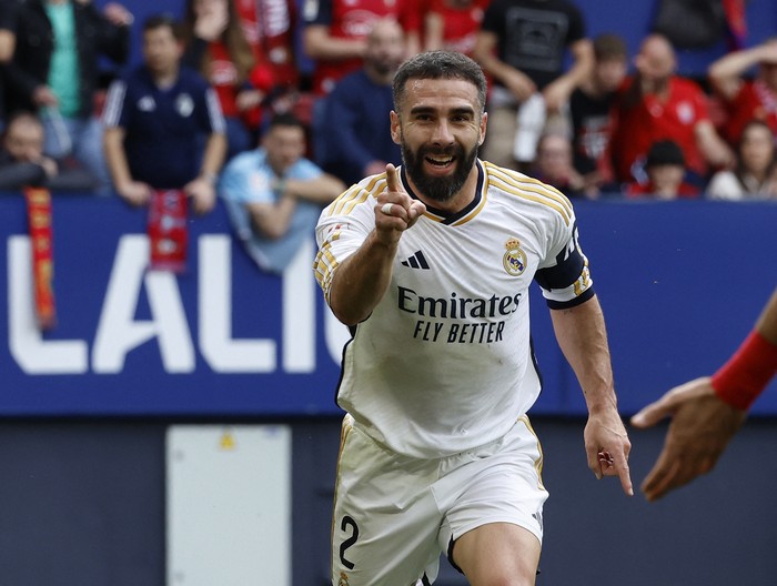 Soccer Football - LaLiga - Osasuna v Real Madrid - El Sadar Stadium, Pamplona, Spain - March 16, 2024 Real Madrid's Dani Carvajal celebrates scoring their second goal REUTERS/Vincent West