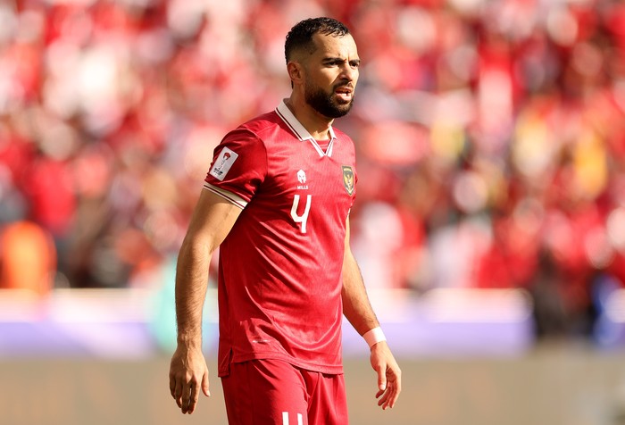 DOHA, QATAR - JANUARY 28: Jordi Amat of Indonesia looks on during the AFC Asian Cup Round of 16 match between Australia and Indonesia at Jassim Bin Hamad Stadium on January 28, 2024 in Doha, Qatar. (Photo by Robert Cianflone/Getty Images)