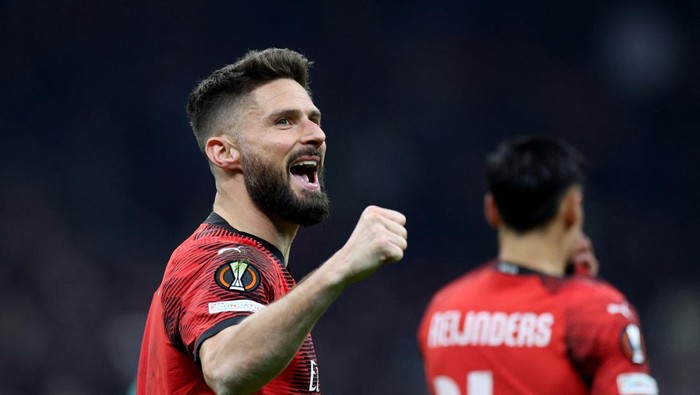 Soccer Football - Europa League - Round of 16 - First Leg - AC Milan v Slavia Prague - San Siro, Milan, Italy - March 7, 2024 AC Milans Olivier Giroud celebrates scoring their first goal REUTERS/Claudia Greco