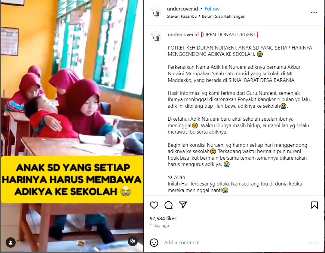 Foto Nurani gendong adik di Sekolah