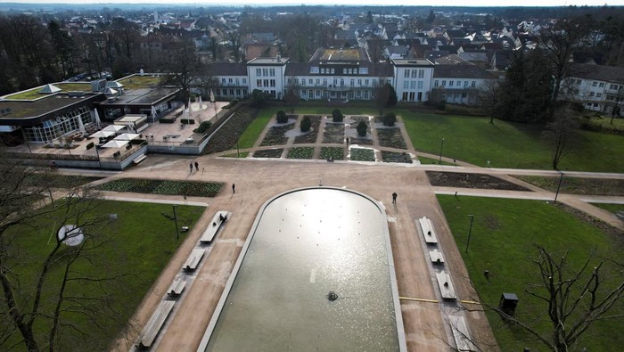 A general view shows a swimming pool at France's national team hotel 