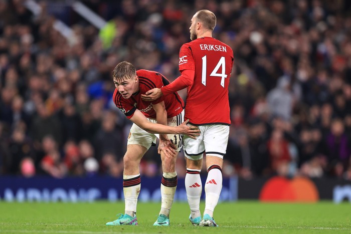 MANCHESTER, ENGLAND - OCTOBER 24: Rasmus Hojlund and Christian Eriksen of Manchester United during the UEFA Champions League Group A match between Manchester United and F.C. Copenhagen at Old Trafford on October 24, 2023 in Manchester, England. (Photo by Simon Stacpoole/Offside/Offside via Getty Images)