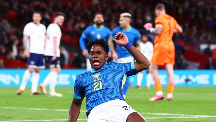 Soccer Football - International Friendly - England v Brazil - Wembley Stadium, London, Britain - March 23, 2024 Brazils Endrick celebrates scoring their first goal REUTERS/Carl Recine