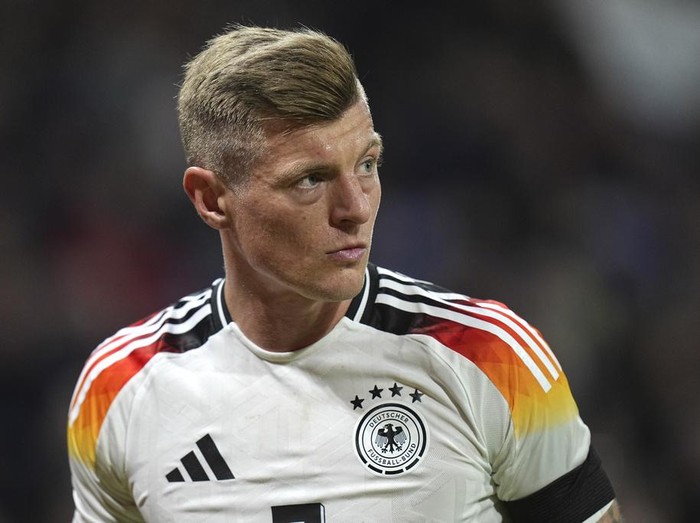 Germany's Toni Kroos during an international friendly soccer match between France and Germany at the Groupama stadium in Decines, near Lyon, central France, Saturday, March 23, 2024. (AP Photo/Laurent Cipriani)