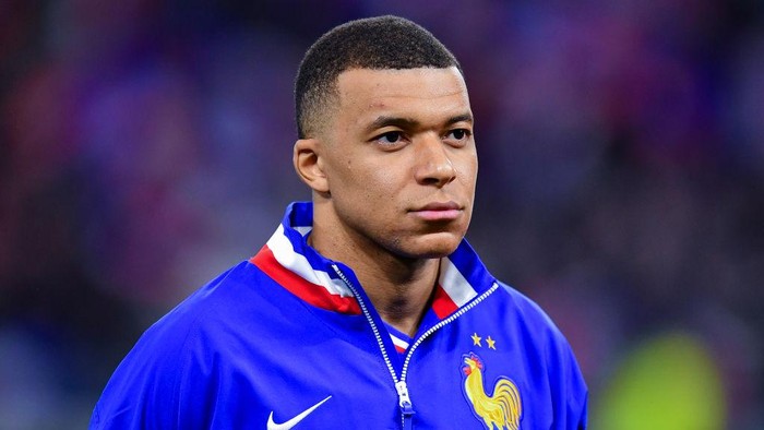 LYON, FRANCE - MARCH 23: Kylian Mbappe of France looks on prior to the international friendly match between France and Germany at Groupama Stadium on March 23, 2024 in Lyon, France.  (Photo by Franco Arland/Getty Images)