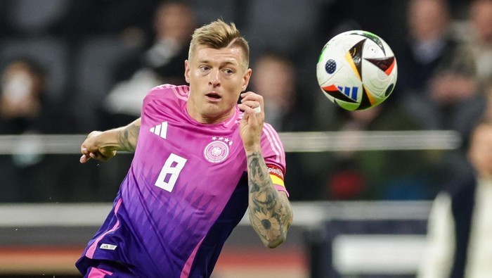 26 March 2024, Hesse, Frankfurt/Main: Soccer: International match, Germany - Netherlands, Deutsche Bank Park. Germanys player Toni Kroos on the ball. Photo: Christian Charisius/dpa (Photo by Christian Charisius/picture alliance via Getty Images)