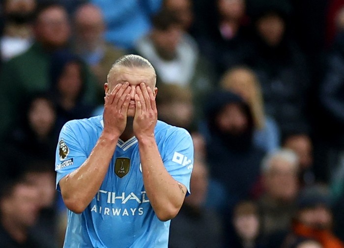 Erling Haaland Soccer Football - Premier League - Manchester City v Arsenal - Etihad Stadium, Manchester, Britain - March 31, 2024 Manchester City's Erling Braut Haaland reacts REUTERS/Carl Recine NO USE WITH UNAUTHORIZED AUDIO, VIDEO, DATA, FIXTURE LISTS, CLUB/LEAGUE LOGOS OR 'LIVE' SERVICES. ONLINE IN-MATCH USE LIMITED TO 45 IMAGES, NO VIDEO EMULATION. NO USE IN BETTING, GAMES OR SINGLE CLUB/LEAGUE/PLAYER PUBLICATIONS.