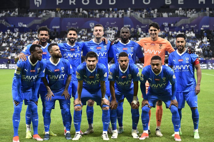 Soccer Football - Saudi Pro League - Al Hilal v Al Okhdood - Kingdom Arena, Riyadh, Saudi Arabia - April 2, 2024 Al Hilal players pose for a team group photo before the match REUTERS/Stringer