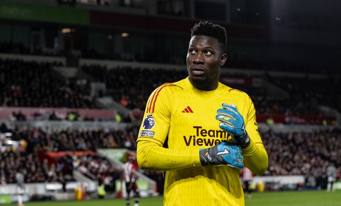 BRENTFORD, ENGLAND - MARCH 30: Manchester Uniteds goalkeeper Andre Onana looks on during the Premier League match between Brentford FC and Manchester United at Gtech Community Stadium on March 30, 2024 in Brentford, England.(Photo by Andrew Kearns - CameraSport via Getty Images)