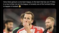 Meme ini meledek Harry Kane, penyerang Bayern yang meninggalkan Tottenham demi gelar juara. Nyatanya, Bayern di ambang tanpa titel dengan gelar Bundesliga yang sebelumnya diraih beruntun kini kian dekat ke Leverkusen. Foto: dok. Internet/X (Twitter)