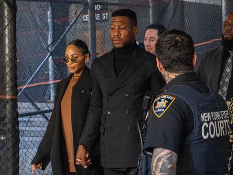 NEW YORK, NEW YORK - APRIL 8: Actor Jonathan Majors departs with girlfriend Meagan Good from his sentencing hearing in the domestic abuse case at Manhattan Criminal Court on April 8, 2024 in New York City. Majors has been sentenced to one-year probation and counseling for assaulting his former girlfriend, Grace Jabbari, and attacking her in the backseat of a chauffeured car.   David Dee Delgado/Getty Images/AFP (Photo by David Dee Delgado / GETTY IMAGES NORTH AMERICA / Getty Images via AFP)