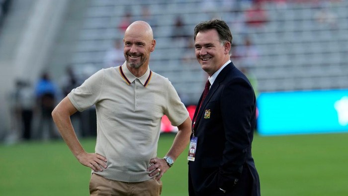 SAN DIEGO, CALIFORNIA - JULY 25: Manchester United manager Erik ten Hag and Manchester United Football Director John Murtough during the pre-season friendly match between Manchester United and Wrexham at Snapdragon Stadium on July 25, 2023 in San Diego, California. (Photo by Kevork Djansezian/Manchester United via Getty Images)