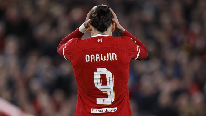 LIVERPOOL, ENGLAND - APRIL 11: Darwin Nunez of Liverpool reacts during the UEFA Europa League 2023/24 Quarter-Final first leg match between Liverpool FC and Atalanta at Anfield on April 11, 2024 in Liverpool, England. (Photo by Richard Sellers/Sportsphoto/Allstar via Getty Images)