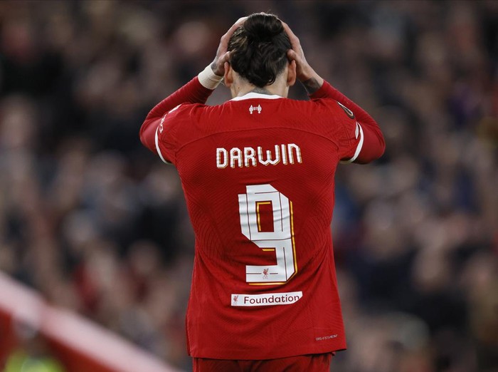 LIVERPOOL, ENGLAND - APRIL 11: Darwin Nunez of Liverpool reacts during the UEFA Europa League 2023/24 Quarter-Final first leg match between Liverpool FC and Atalanta at Anfield on April 11, 2024 in Liverpool, England. (Photo by Richard Sellers/Sportsphoto/Allstar via Getty Images)