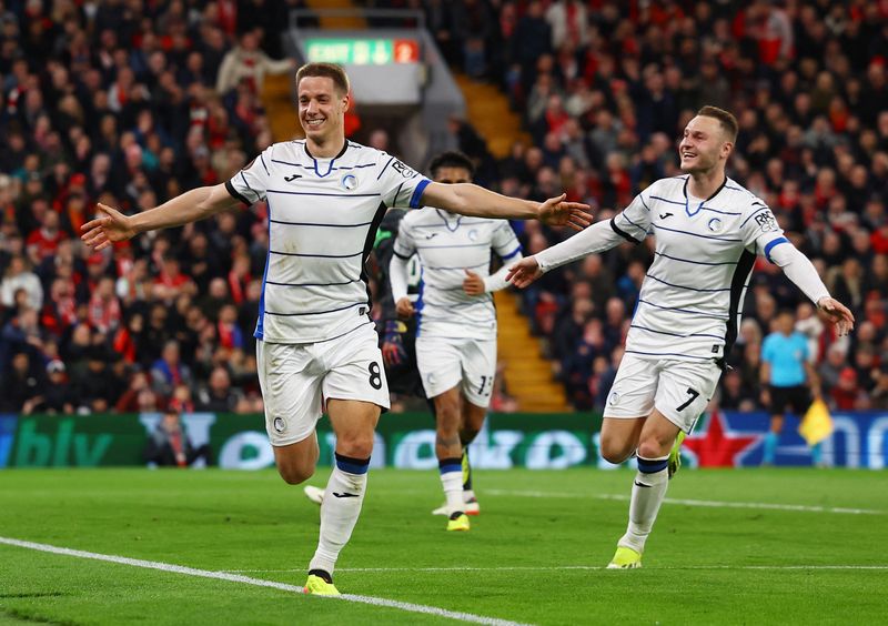 Soccer Football - Europa League - Quarter Final - First Leg - Liverpool v Atalanta - Anfield, Liverpool, Britain - April 11, 2024 Atalanta's Mario Pasalic celebrates scoring their third goal with Teun Koopmeiners Action Images via Reuters/Lee Smith