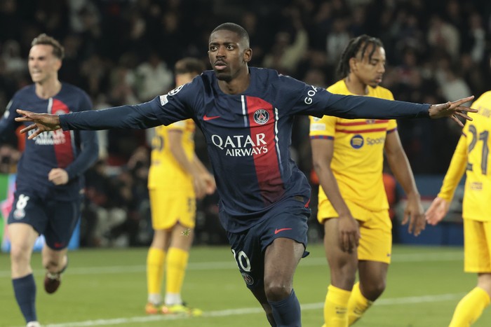 PARIS, FRANCE - APRIL 10: Ousmane Dembele of PSG celebrates his goal during the UEFA Champions League quarter-final first leg match between Paris Saint-Germain (PSG) and FC Barcelona (Barca) at Parc des Princes stadium on April 10, 2024 in Paris, France.(Photo by Jean Catuffe/Getty Images)