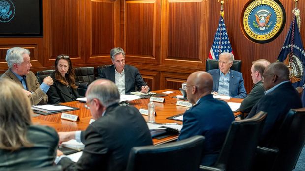 U.S. President Joe Biden meets with members of his national security team as seen in this White House handout image taken in the Situation Room at the White House, in Washington, U.S., April 13, 2024. The White House/Handout via REUTERS THIS IMAGE HAS BEEN SUPPLIED BY A THIRD PARTY. PART OF THE PICTURE WAS OBSCURED BY SOURCE