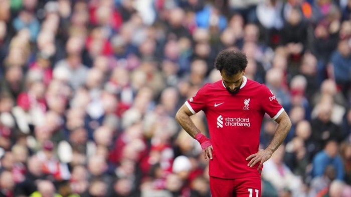 Liverpools Mohamed Salah reacts during the English Premier League soccer match between Liverpool and Crystal Palace at Anfield Stadium in Liverpool, England, Sunday, April 14, 2024. (AP Photo/Jon Super)