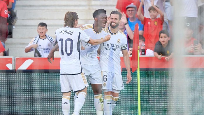 MALLORCA, SPAIN - APRIL 13: Aurelien Tchouameni of Real Madrid CF celebrates after scoring his teams first goal during the LaLiga EA Sports match between RCD Mallorca and Real Madrid CF at Estadi de Son Moix on April 13, 2024 in Mallorca, Spain. (Photo by Cristian Trujillo/Quality Sport Images/Getty Images)