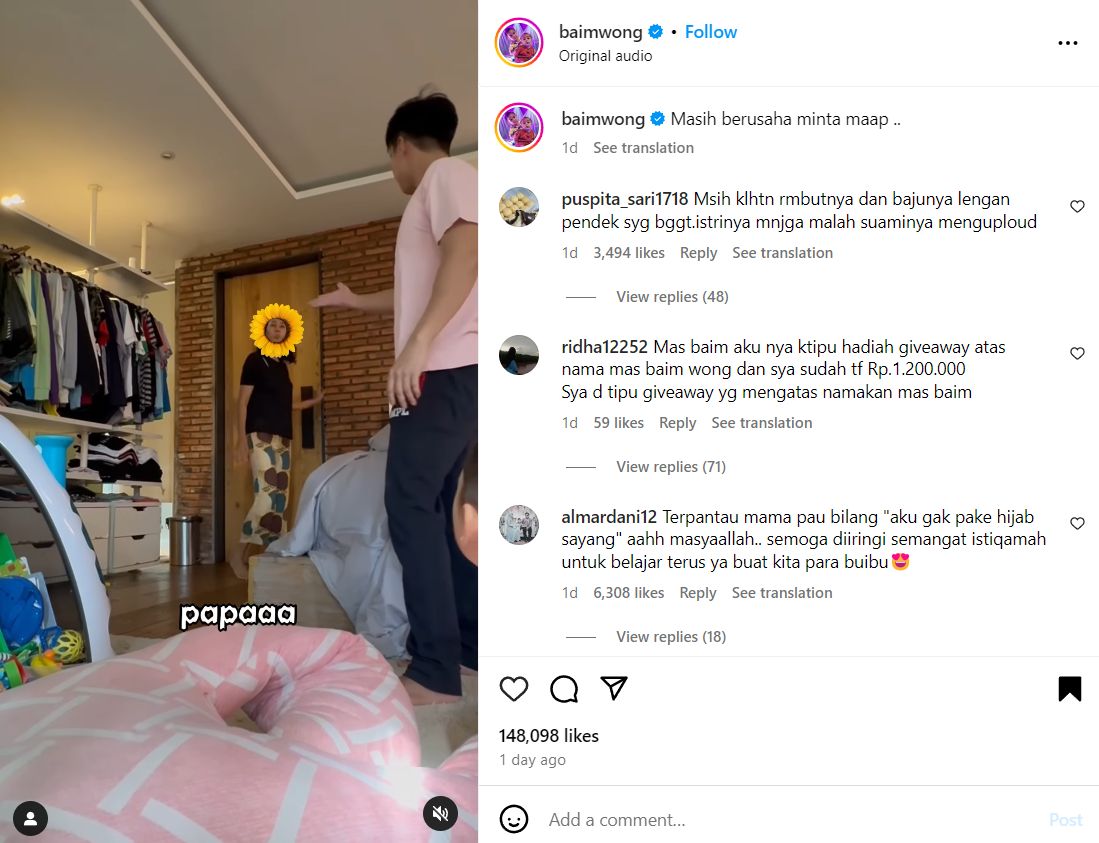 Reaksi Paula Veerhoeven saat Baim Wong unggah video dirinya tanpa hijab.