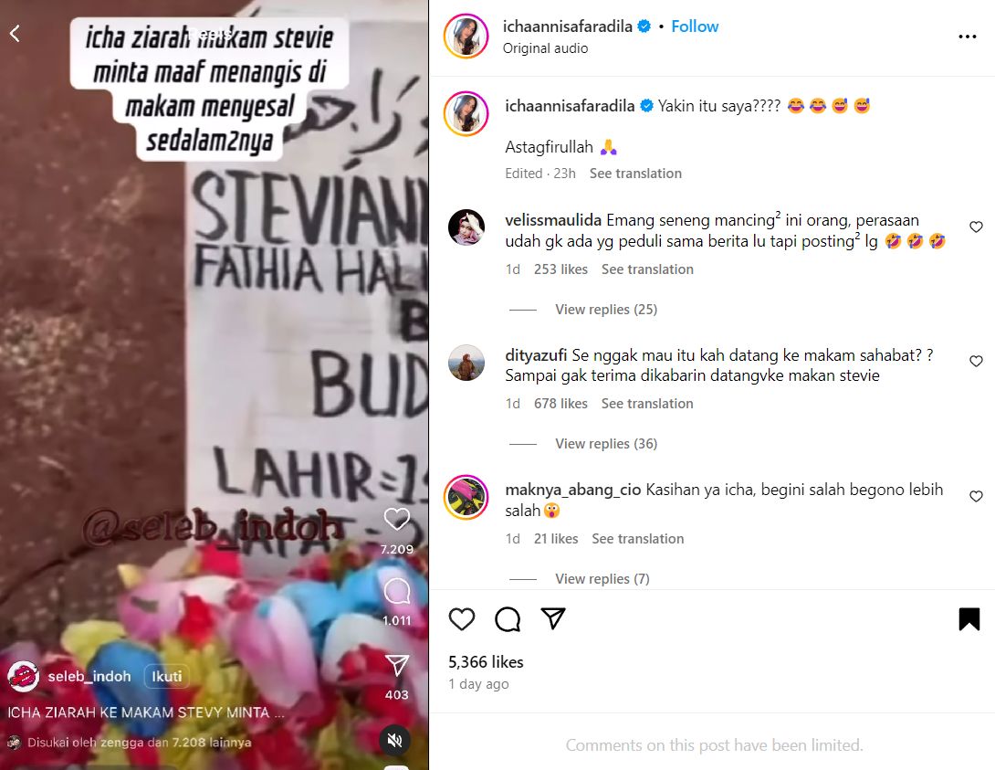 Icha Annisa membantah dirinya menjadi sosok wanita yang menangis di depan makam Stevie Agnecya.