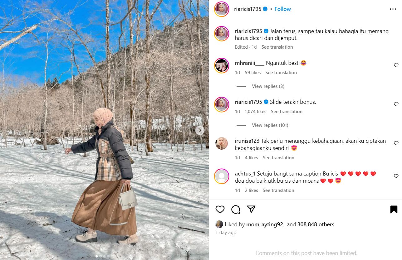 Ria Ricis mengunggah foto yang menyinggung kebahagiaan usai Teuku Ryan membagikan momen lebaran bersama keluarga.