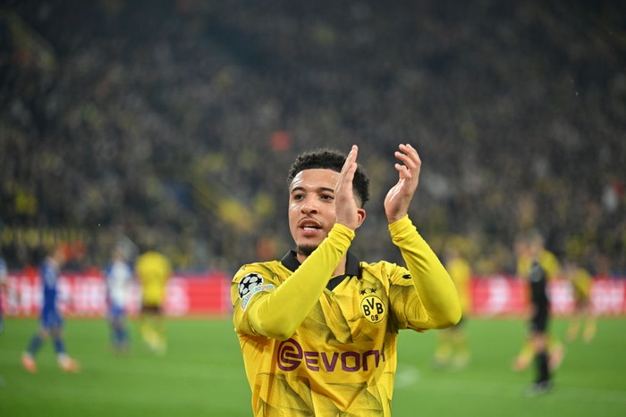 16 April 2024, North Rhine-Westphalia, Dortmund: Soccer: Champions League, Borussia Dortmund - Atlético Madrid, knockout round, quarter-finals, second leg, Signal Iduna Park. Dortmunds Jadon Sancho applauds his substitution. Photo: Bernd Thissen/dpa (Photo by Bernd Thissen/picture alliance via Getty Images)