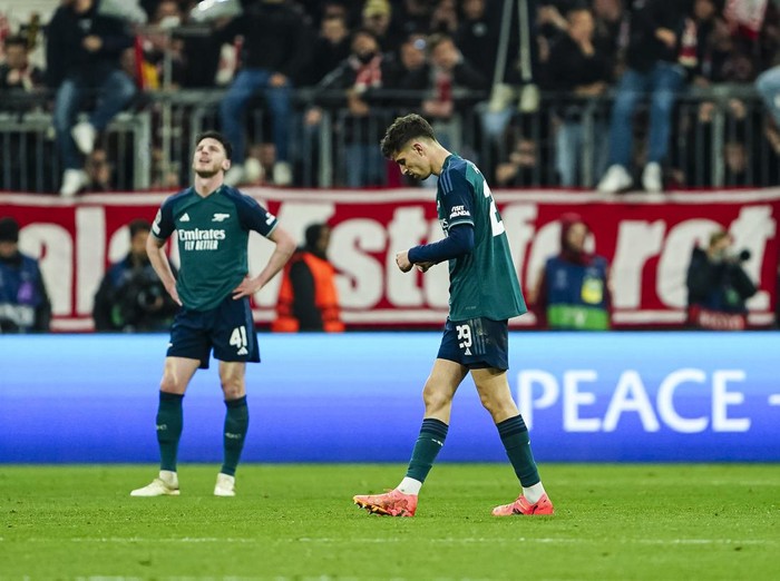 MUNICH, GERMANY - APRIL 17: Kai Havertz of Arsenal reacts after been defeated by FC Bayern München during the UEFA Champions League quarter-final second leg match between FC Bayern München and Arsenal FC at Allianz Arena on April 17, 2024 in Munich, Germany. (Photo by Daniela Porcelli/Eurasia Sport Images/Getty Images)