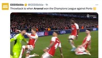 Momen Arsenal merayakan kemenangan atas Porto di 16 besar. Kaya juara padahal belum. (Foto: Twitter @ODDSbible)