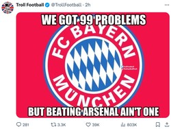 Bayern Munich musim ini padahal sedang hancur-hancuran, usai gagal mempertahankan gelar Bundesliga. Eh masih bisa lho mengalahkan Arsenal. (Foto: Twitter @TrollFootball)