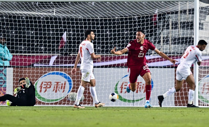 Mohamed Naceur Manai of Qatar is celebrating after scoring a goal during the AFC U23 Asian Cup Qatar 2024 Group A match between Qatar and Jordan at Jassim Bin Hamad Stadium in Doha, Qatar, on April 18, 2024. (Photo by Noushad Thekkayil/NurPhoto via Getty Images)