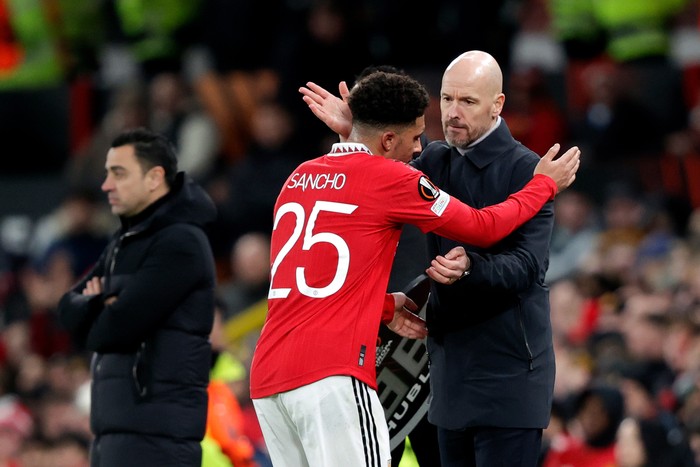 MANCHESTER, UNITED KINGDOM - FEBRUARY 23: (L-R) Jadon Sancho of Manchester United, Coach Erik Ten Hag of Manchester United  during the UEFA Europa League   match between Manchester United v FC Barcelona at the Old Trafford on February 23, 2023 in Manchester United Kingdom (Photo by David S. Bustamante/Soccrates/Getty Images)