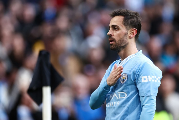 LONDON, ENGLAND - APRIL 20: Bernardo Silva of Manchester City celebrates their first goal during the Emirates FA Cup Semi Final match between Manchester City and Chelsea at Wembley Stadium on April 20, 2024 in London, England.(Photo by Jacques Feeney/Offside/Offside via Getty Images)