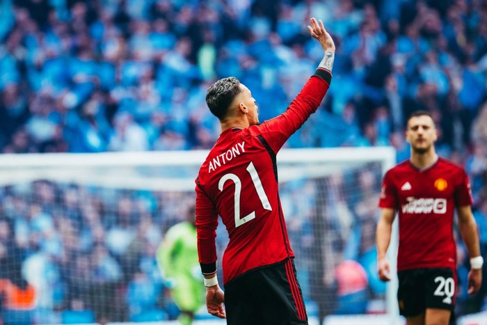LONDON, ENGLAND - APRIL 21:  Antony of Manchester United reacts during the Emirates FA Cup Semi Final match between Coventry City and Manchester United at Wembley Stadium on April 21, 2024 in London, England.(Photo by Ash Donelon/Manchester United via Getty Images)