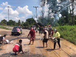 Aksi Protes Warga Lampung Timur Tebar Lele di Jalan Berlubang