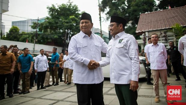 Presiden terpilih Prabowo Subianto bertemu Ketum PKB Muhaimin Iskandar di Kantor DPP PKB, Jakarta, Rabu (24/4). (Indonesia/Adi Maulana Ibrahim)