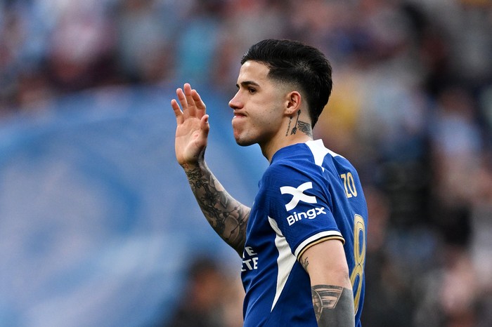 LONDON, ENGLAND - APRIL 20: Enzo Fernandez of Chelsea acknowledges the fans after the teams defeat in the Emirates FA Cup Semi Final match between Manchester City and Chelsea at Wembley Stadium on April 20, 2024 in London, England. (Photo by Darren Walsh/Chelsea FC via Getty Images)