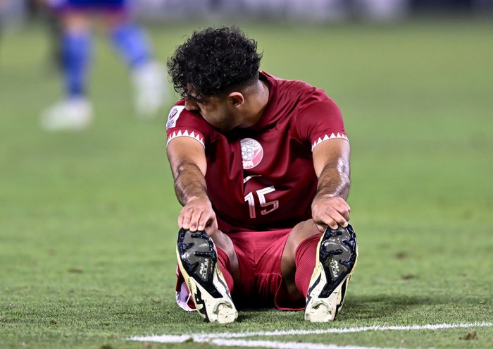 Jassem Gaber Abdulsallam of Qatar is looking disappointed after losing the AFC U23 Asian Cup Qatar 2024 quarter-final match between Qatar and Japan at Jassim Bin Hamad Stadium in Doha, Qatar, on April 25, 2024. (Photo by Noushad Thekkayil/NurPhoto via Getty Images)