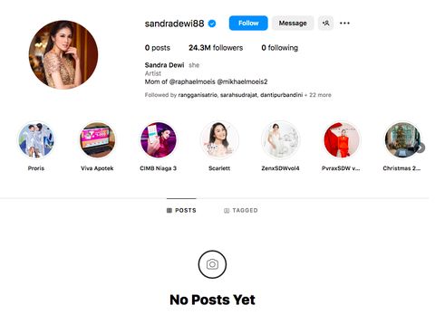 Akun Instagram Sandra Dewi kembali lagi pada Sabtu (27/4).